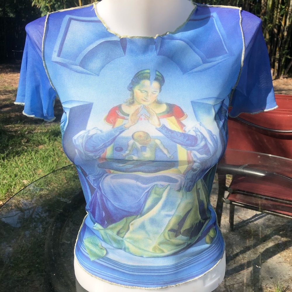 Vintage 90s Y2k Mesh Graphic Sheer Top Mother Mary